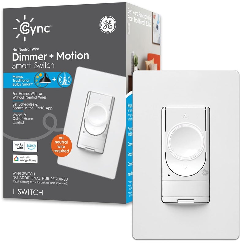 Cync GE Smart Dimmer Light Switch & Motion Sensor, No Neutral Wire Required, Bluetooth and WiFi 3-Wire Switch, Works with Amazon Alexa and Google Home, White (1 Pack) - Image 1